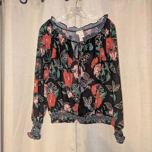 Flying Tomato Black Floral Blouse with Red and Green Accents